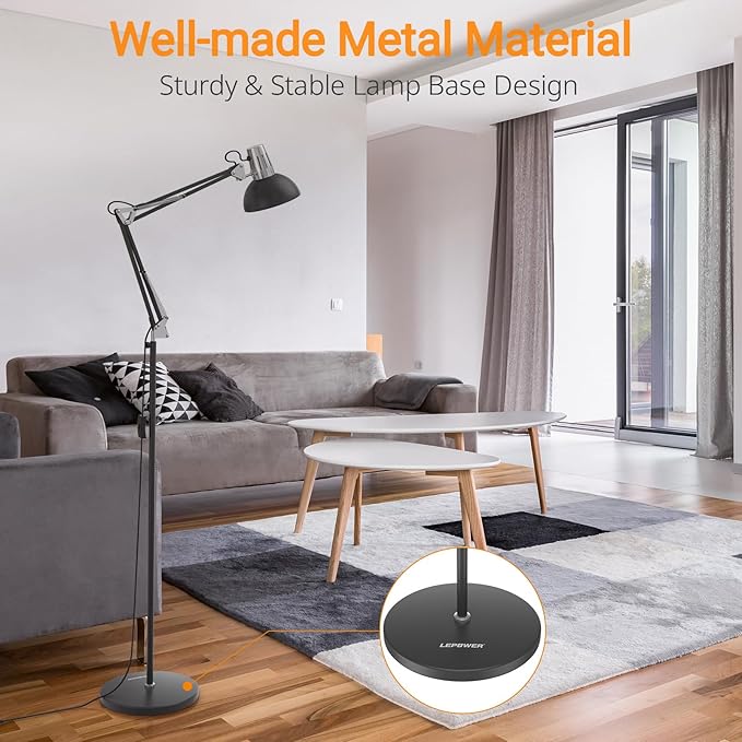 LEPOWER Floor Lamp, Swing Arm Floor Lamp, Industrial Tall Lamp with Heavy Metal Base, E26 Base Standing Reading Lamp, Modern Lamp for Home Office, Living Room, Bedroom Black