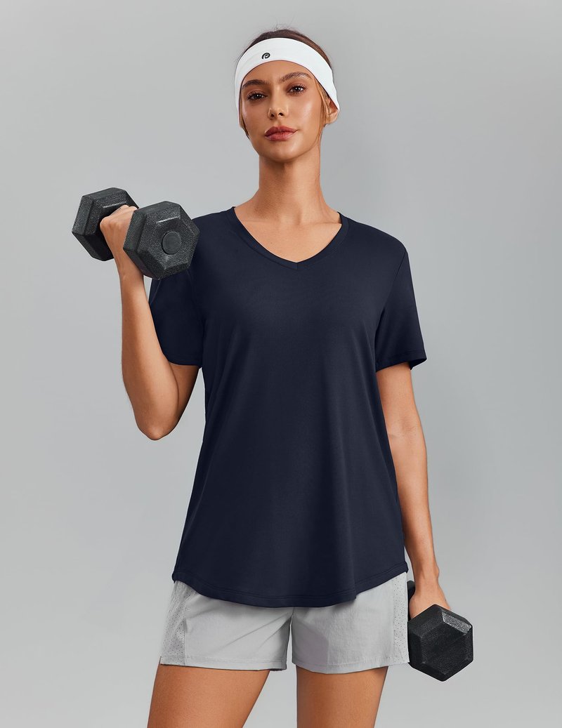 PINSPARK Athletic Tops for Women Short Sleeve V Neck Workout Shirts Moisture Wicking Quick Dry Running Gym T-Shirts Lightweight,Dark Navy Large