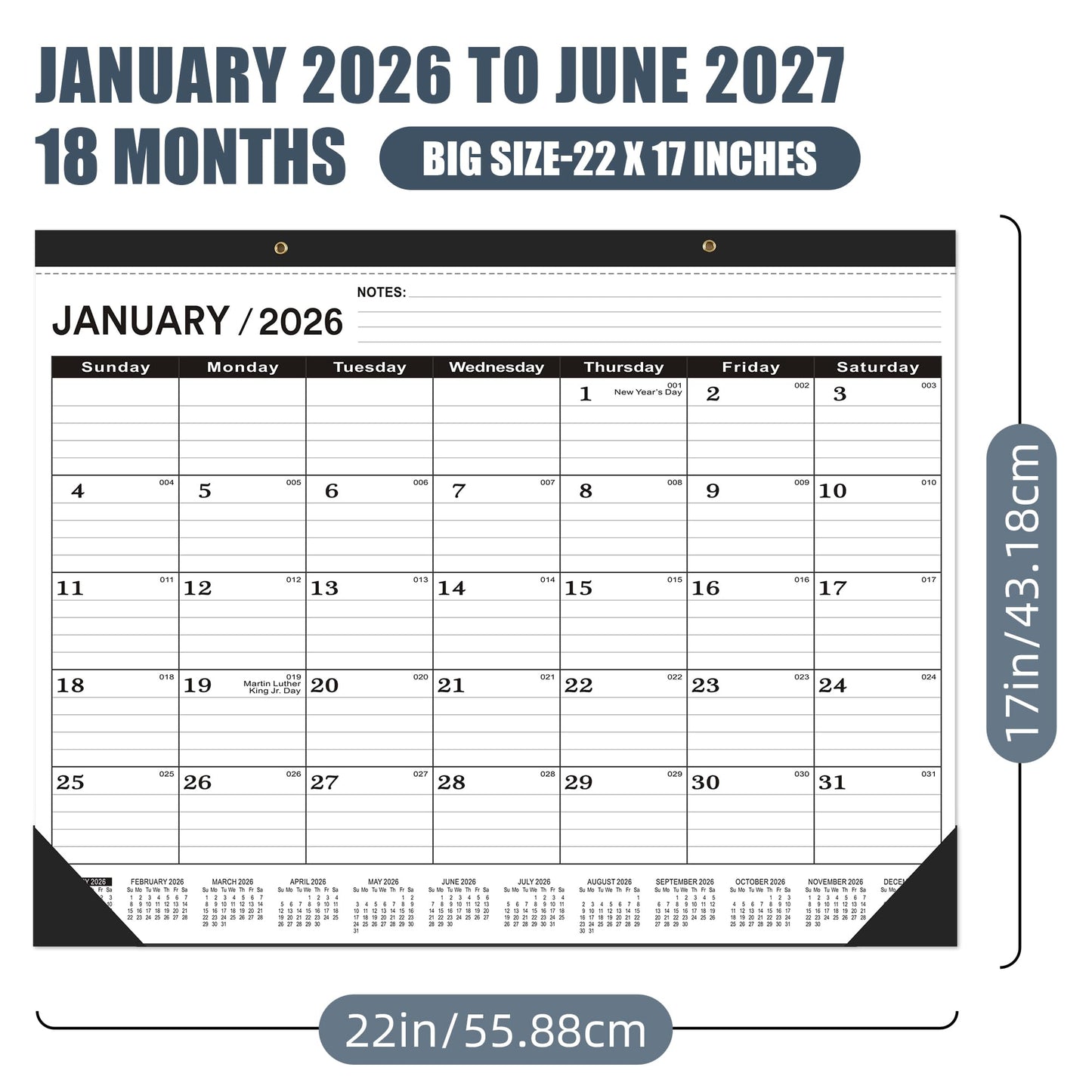Desk Calendar 2026(January 2026 - June 2027)，2026 Desk Calendar Large 22 x17，2026 Calendar,Classic Black,Large Calendar 2026-2027 with Plastic Cover
