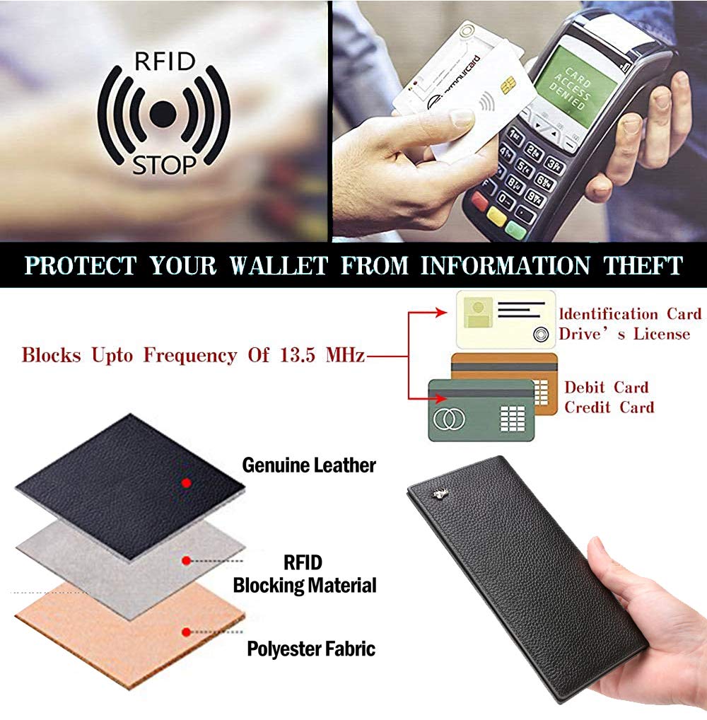 BISON DENIM RFID Bifold Wallets Slim Credit Card Wallet Real Leather Mens Long Wallet with Zipper Coin Pocket