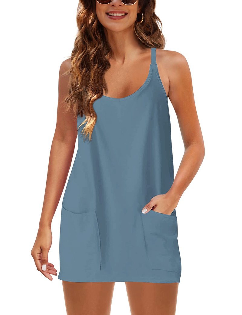 Lentta Womens Athletic Sleeveless Mini Dress with Built-in Shorts V Neck Spaghetti Strap Sundress(Bluegrey-S)