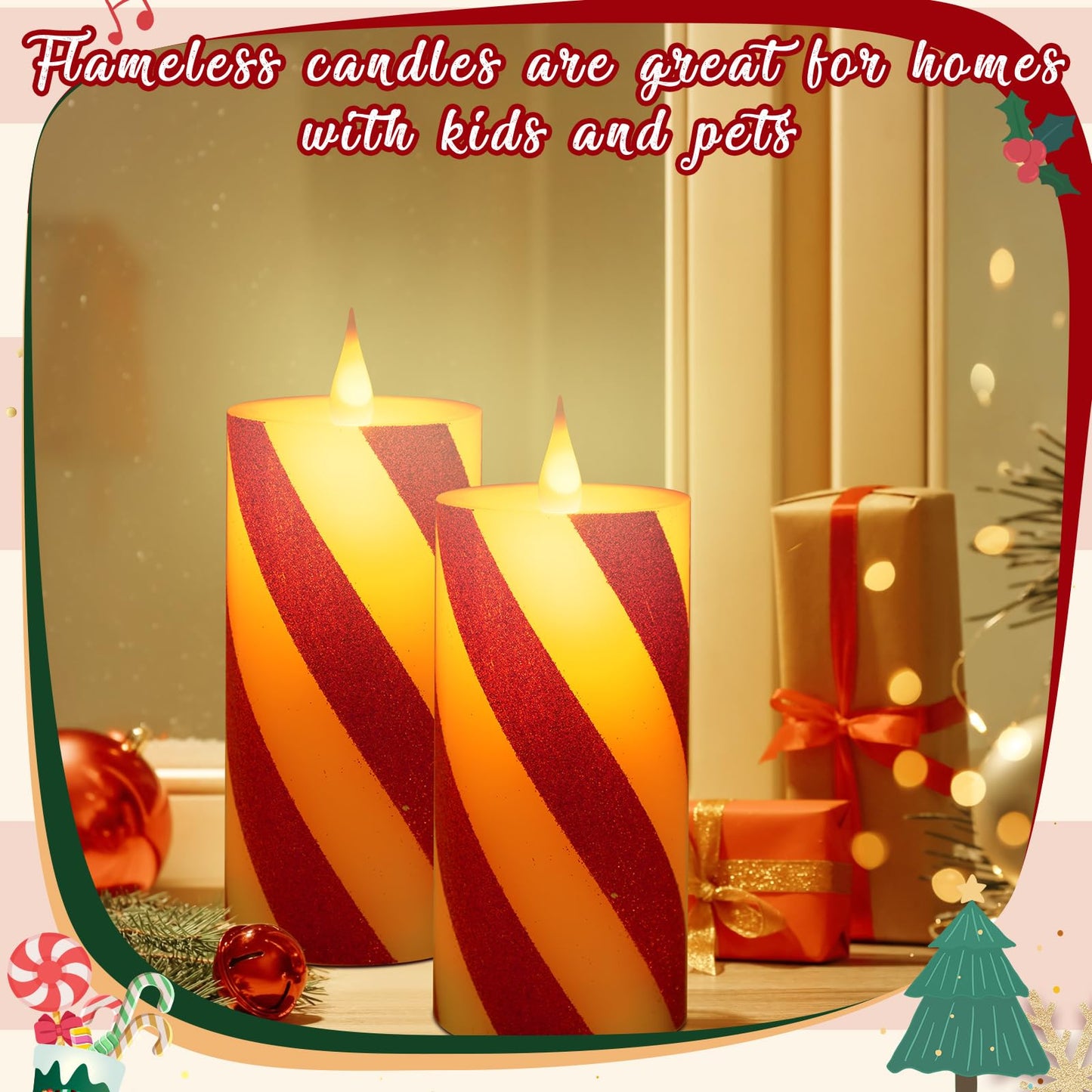 Retisee 2 Pcs Stripe Flameless Pillar Candles with Remote Timer Candle Striped Flickering LED Real Wax Battery Operated Fake Candle Glitter Stripe Pillar for Home Decor(3" X 6",Red)