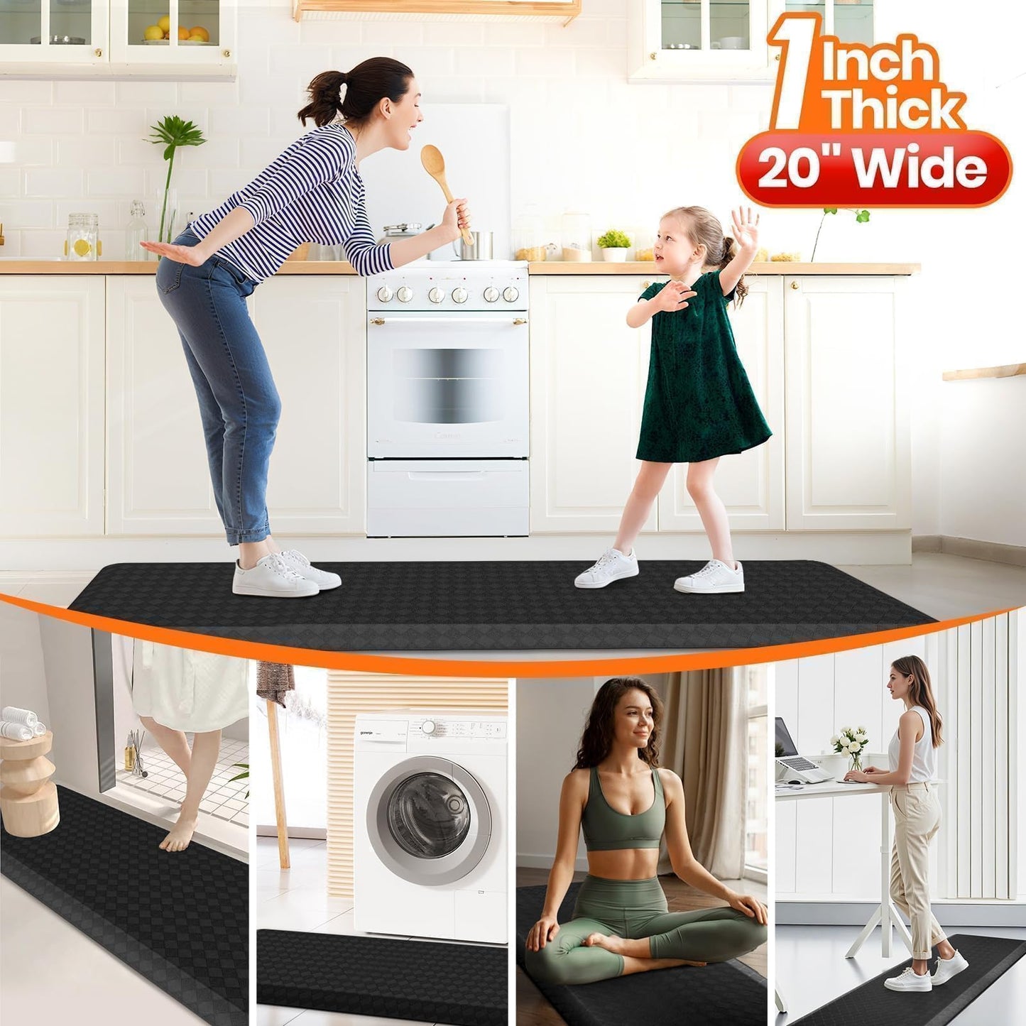 StepRite 1” Thick Kitchen Mats for Floor, Anti Fatigue Kitchen Rugs, Non-Slip,Heavy Duty Water Resistant Kitchen Rug, Standing Desk Mat for Friends, Family, Home, Kitchen, Office (72" x 20", Black)