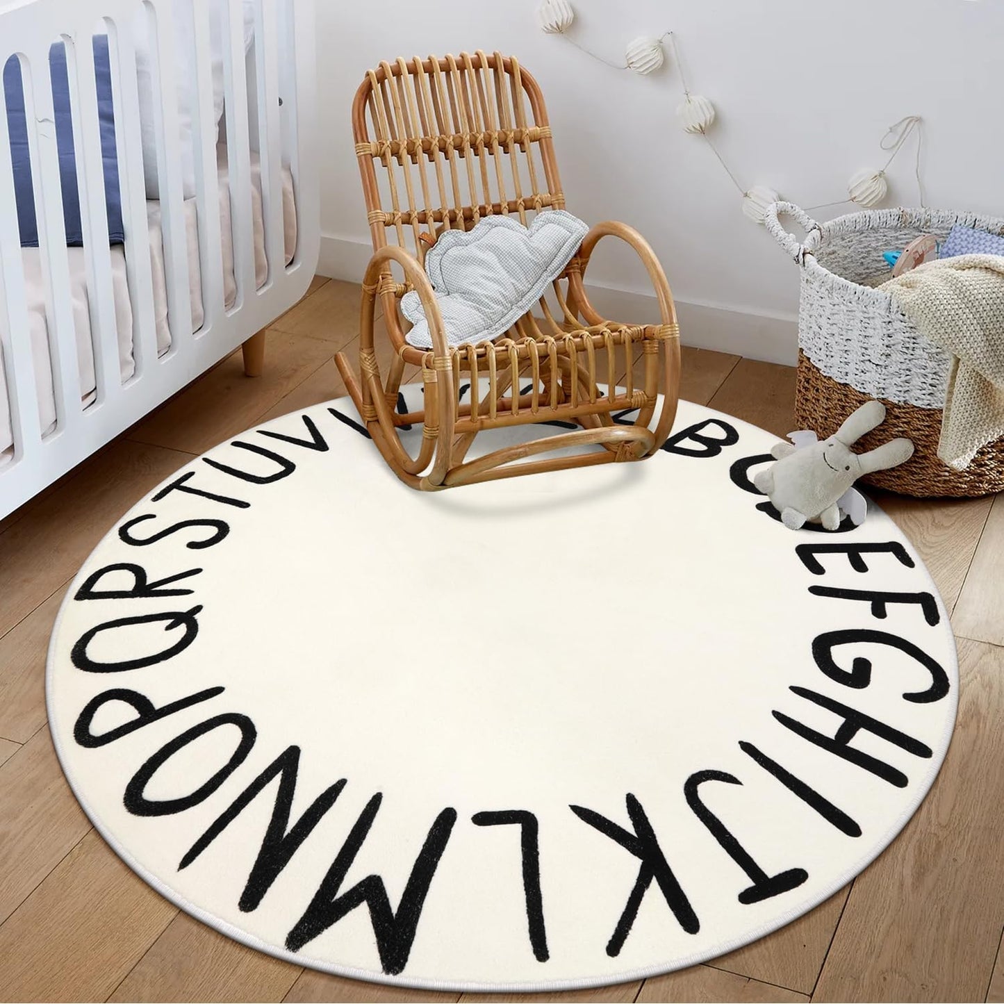 LIVEBOX ABC Play Room Round Rug Alphabet Play Mat, Circle Washable Rug Educationa Nursery Rug for Baby Boy and Girl Room, Non-Slip Learning Carpet for Children Playroom Classroom (47",Black,Beige)