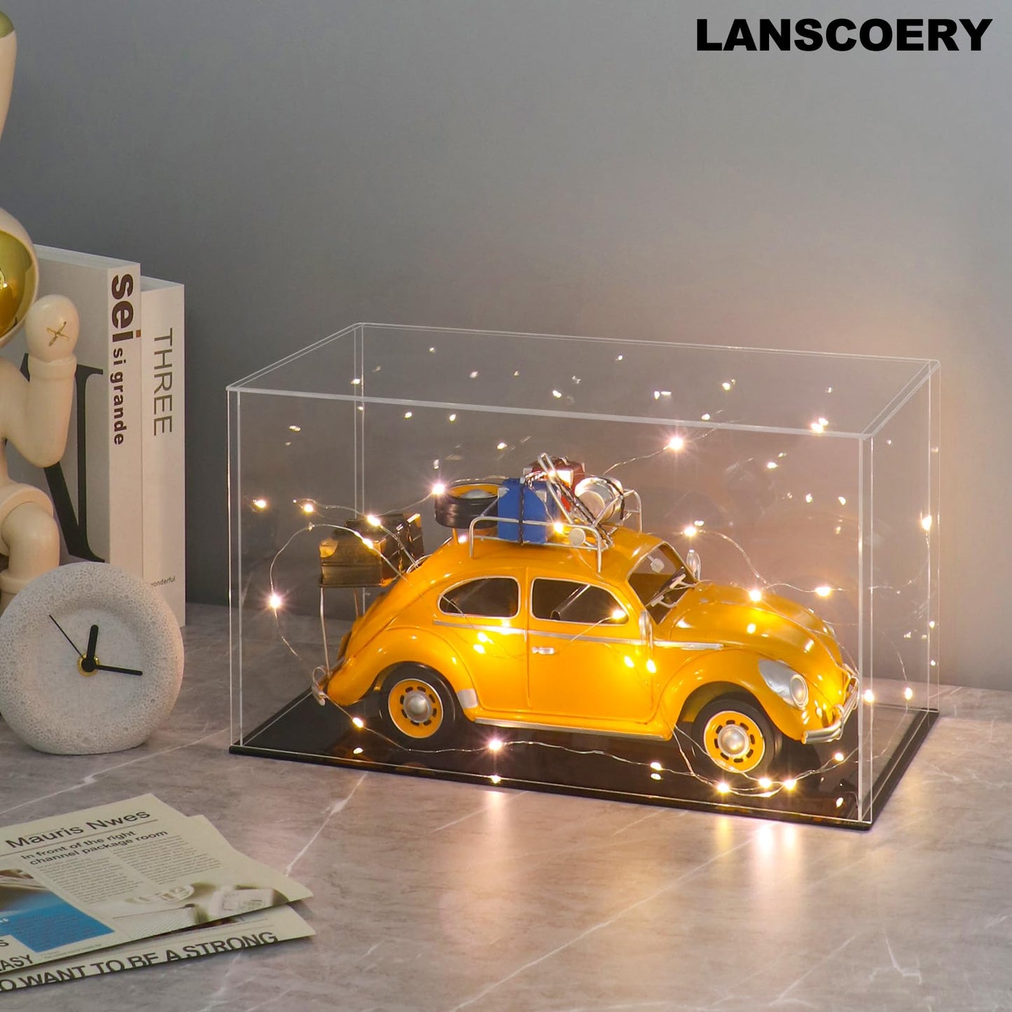 LANSCOERY Acrylic Display Case, 10x5x4 in, Upgraded Thickened UV-Resistant Showcase, 98% Clarity Dustproof Box with Glossy Black Base for Action Figures, LEGO & Models, Includes Scraper & LED Light