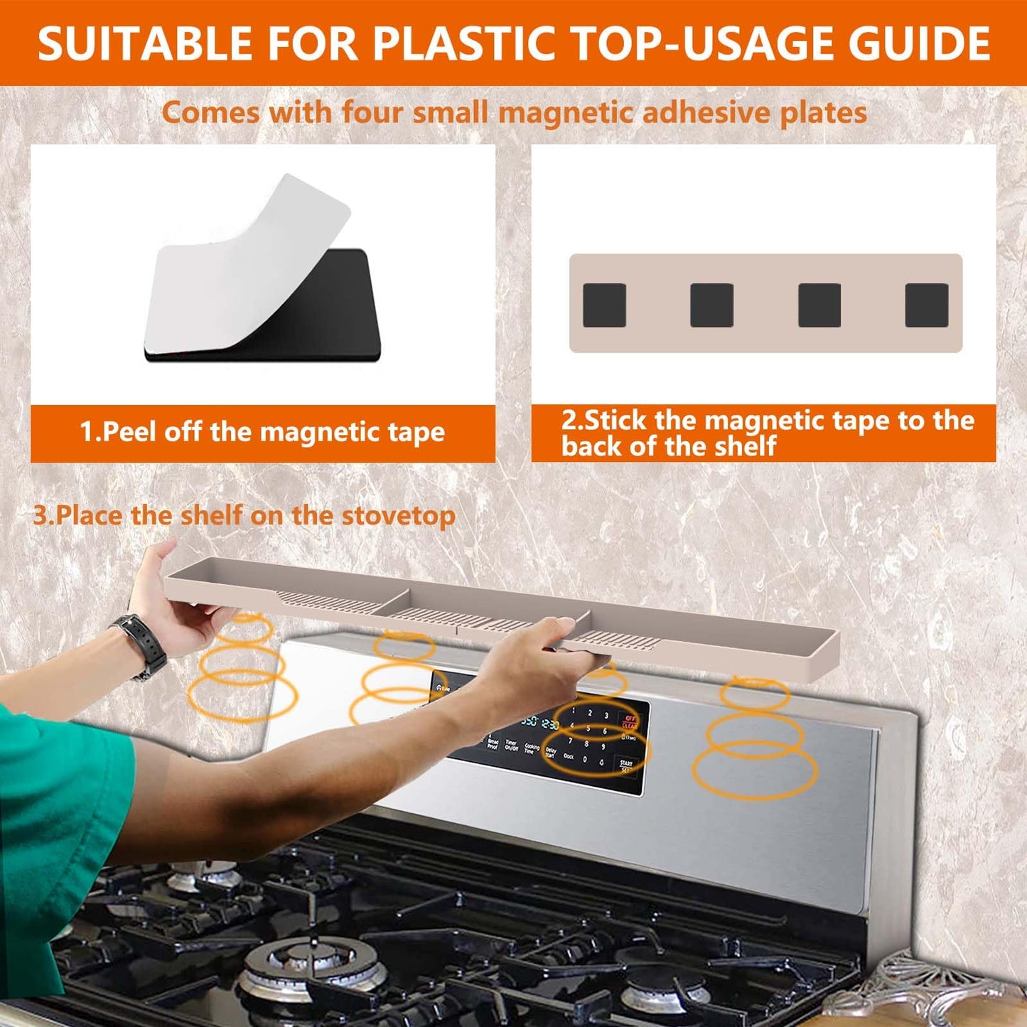 AWOKE Stove Top Shelf 30 Inch - Silicone Material Magnetic Shelf for Stove - 3 Functional Partitions Kitchen Spice Rack Organizer-Black,Kitchen Gadgets Storage Organization