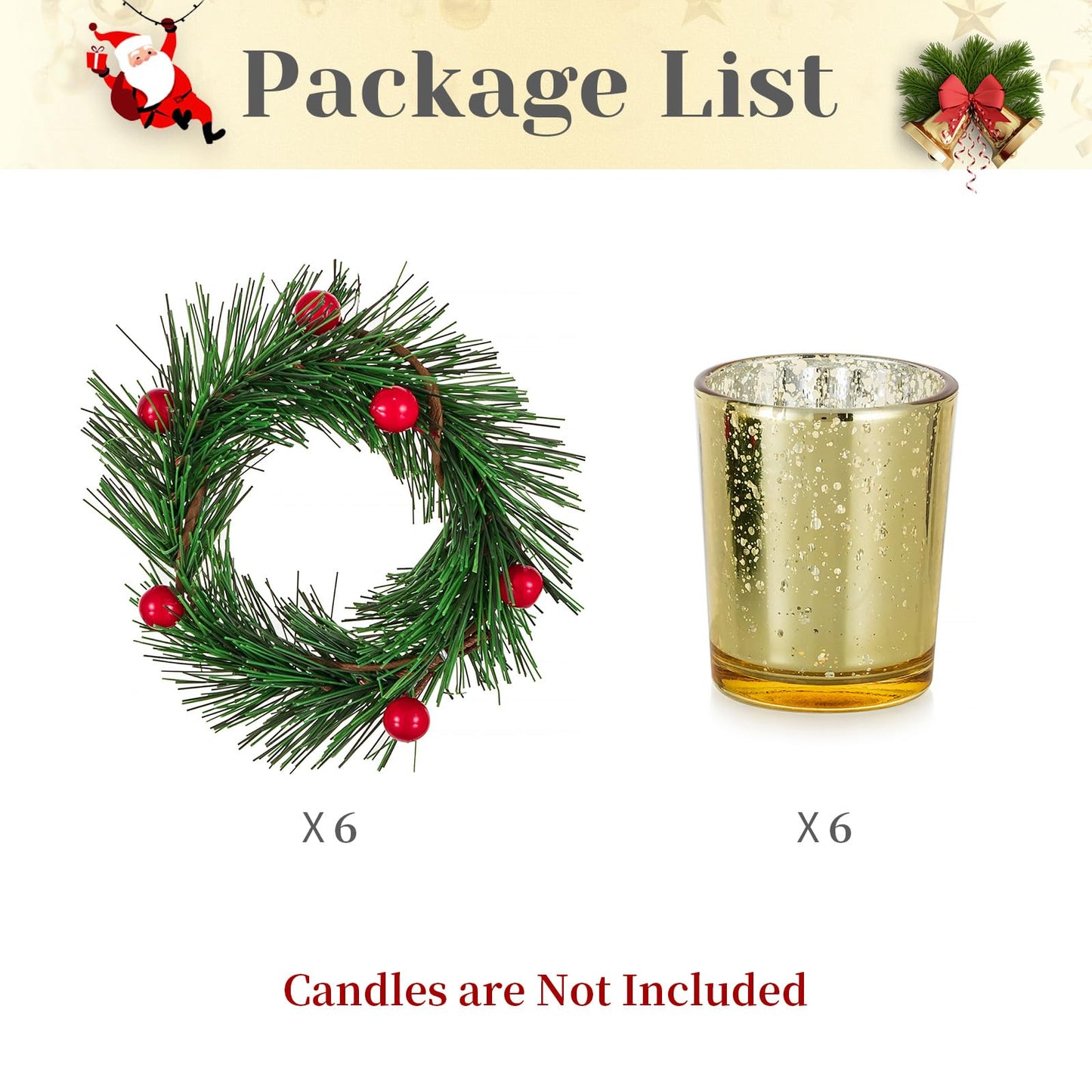 Hewory Christmas Tealight Candle Holder: Set of 6 Decorative Gold Tea Lights Candleholder with Xmas Wreath, Christmas Decoration Votive Candle Holders for Dinner Table Centerpieces Living Room Holiday