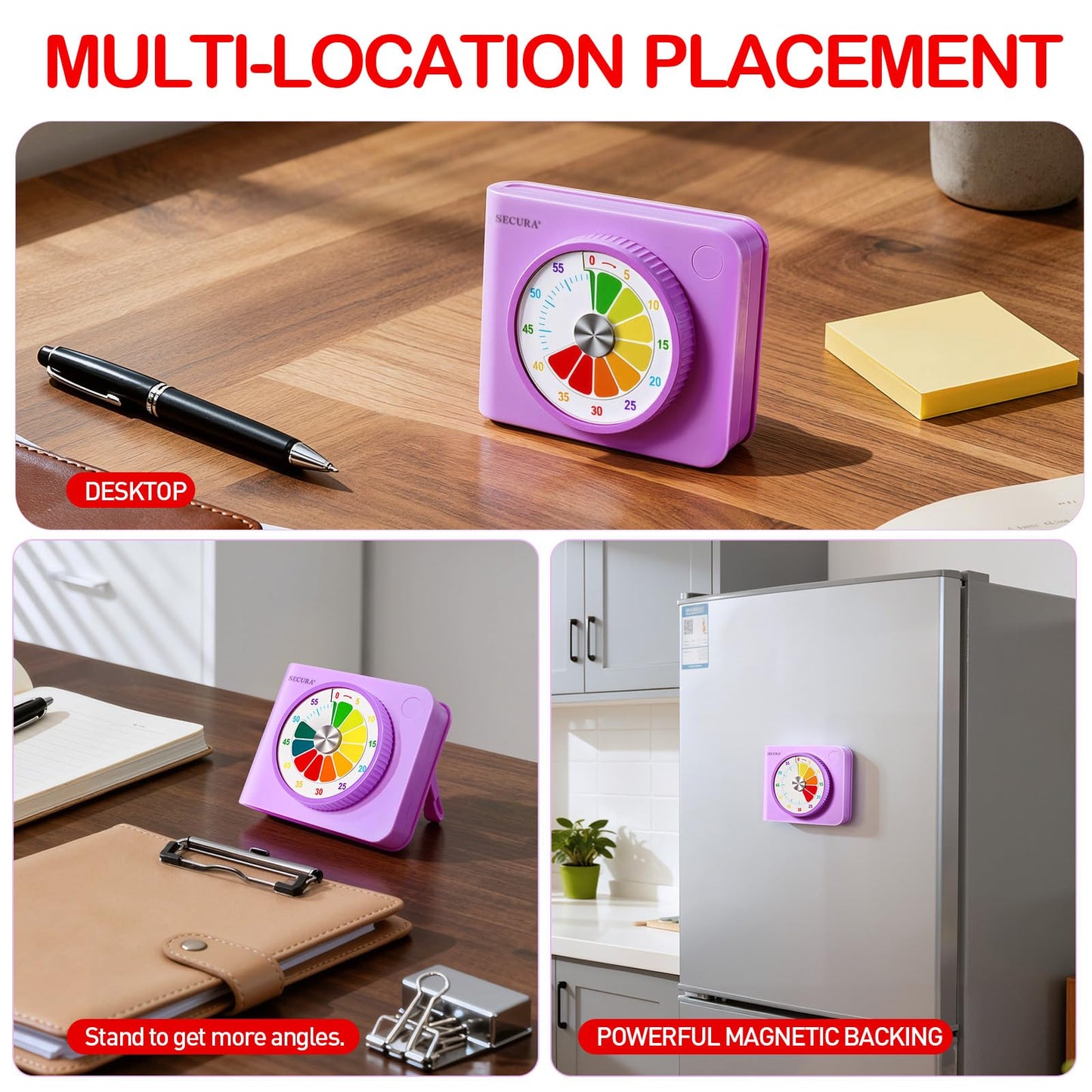 Secura Visual Timer for Kids – 60-Minute Classroom Countdown Timer with Color Disc, Time Management Tool for Kids, Teachers & Parents, Silent & Beep Modes, Magnetic Back & Stand (Purple)