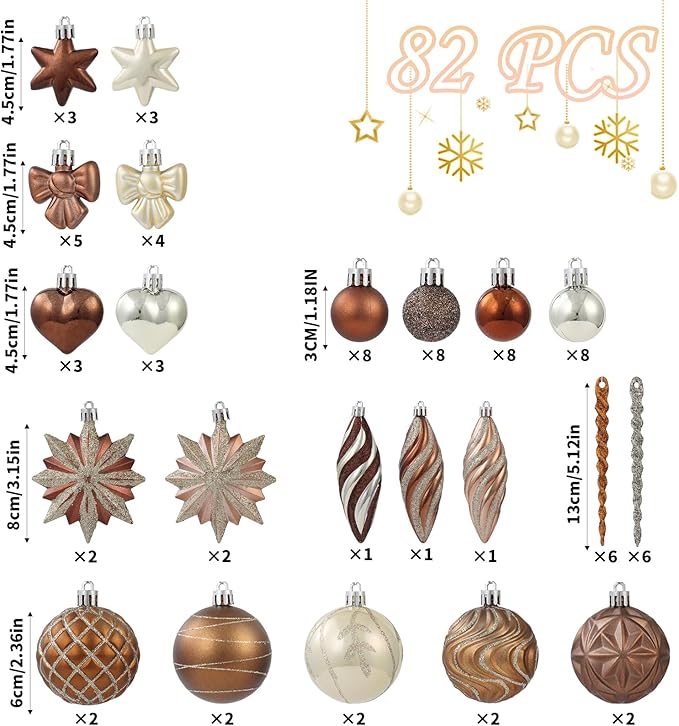 82Pcs Bronze Copper Christmas Ornaments Set,Shatterproof Brown and Gold Fall Decorations for Tree Assorted Plastic Craft Ball Ornaments for Holiday Xmas Party Decor (Copper & Gold)