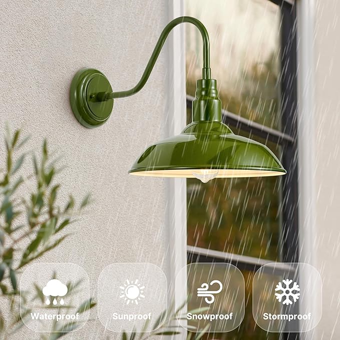 2 Pack Outdoor Gooseneck Barn Light with 14 Inch Dome, Farmhouse Exterior Wall Lights for Porch, Olive Green Patio Wall Lighting for House, Garage
