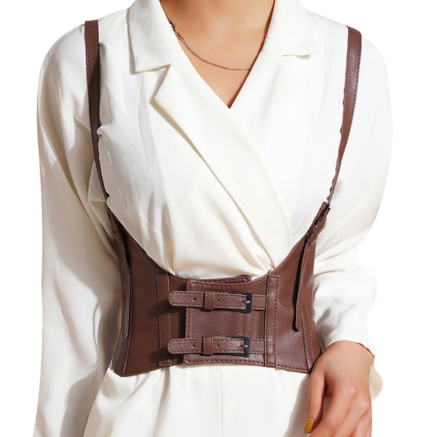 eYLun Women Underbust Corset Belt Faux Leather Wide Elastic Belts Steampunk Strap Waist Corset Belt Brown Large