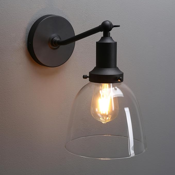 PERMO Industrial Sconces Slope Pole Sconce with 6.7" Oval Dome Clear Glass Shade Matte Black Wall Sconce Wall Mount Light Fixture for Bathroom Bedroom Entryway Home Office Kitchen