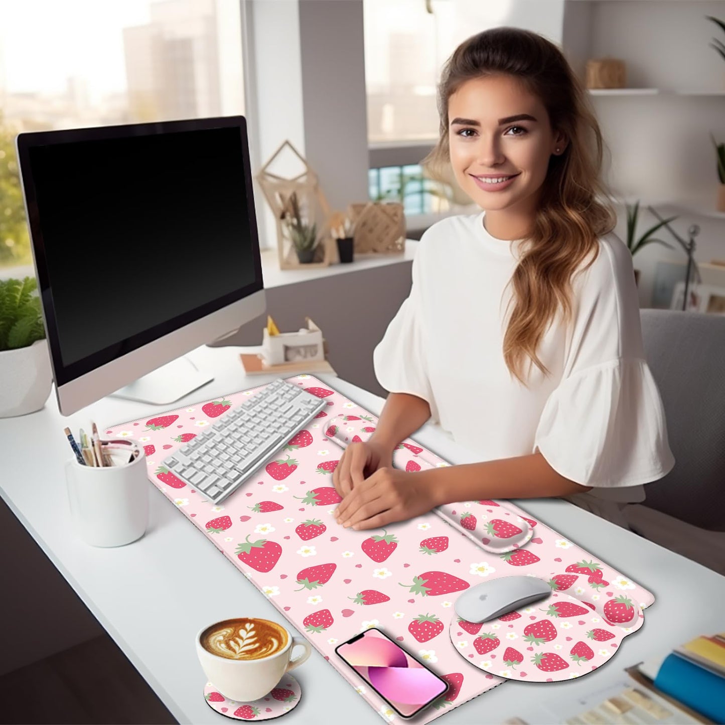 LIMKRIAN Strawberry Mouse Pad Desk Mat Set, Pink Ergonomic Mouse Pad with Wrist Rest, Large Gaming Mousepad Wrist Support Keyboard Mat Cup Coaster Set, Cute Office Desk Decor Accessories Supplies