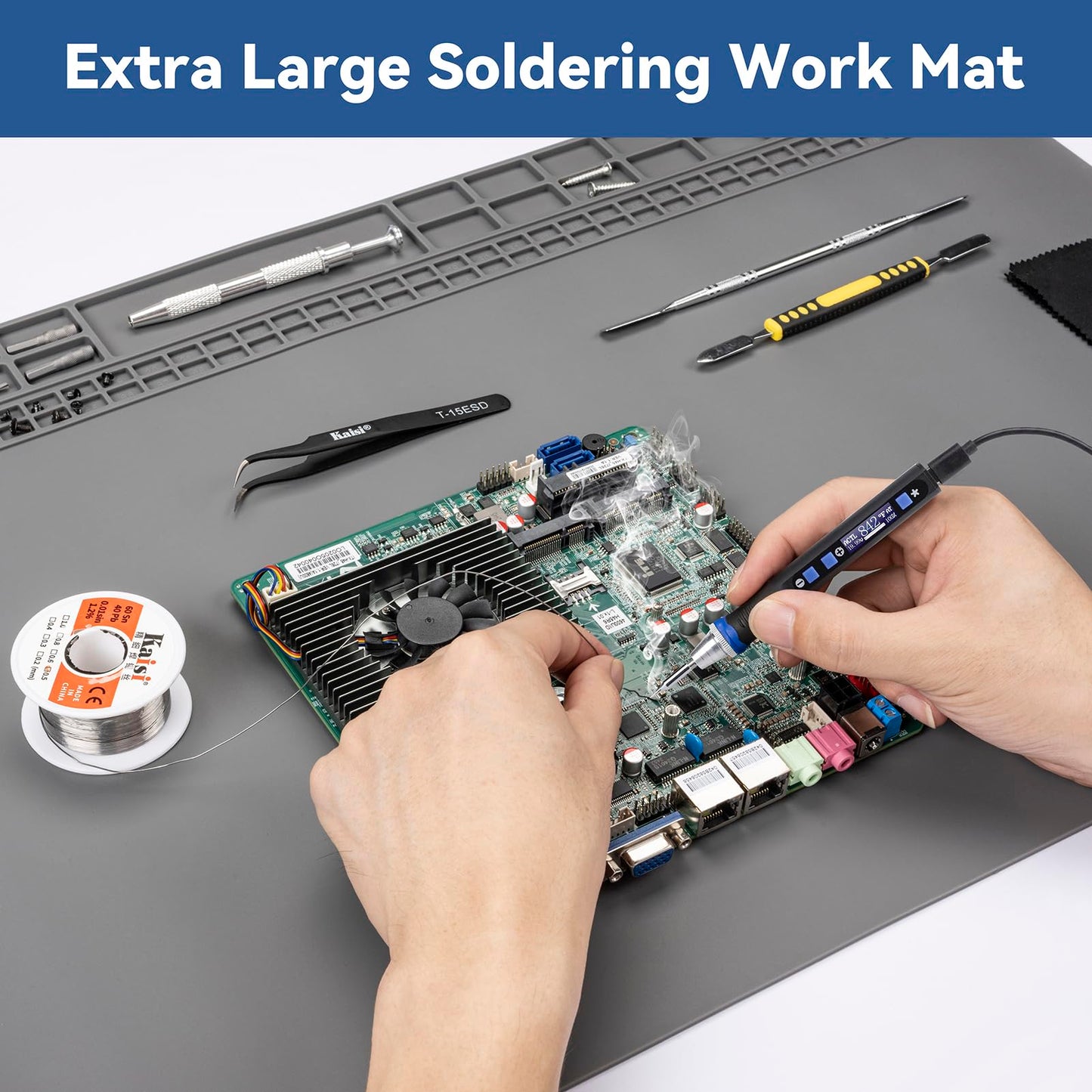 Kaisi Extra Large Soldering Mat, Oversized 932°F Heat Resistant Silicone Solder Mat, Large Repair Workbench Pad for Electronics Phone Watch Laptop Repair, BGA Soldering Iron (Grey,27.6''x15.7'')