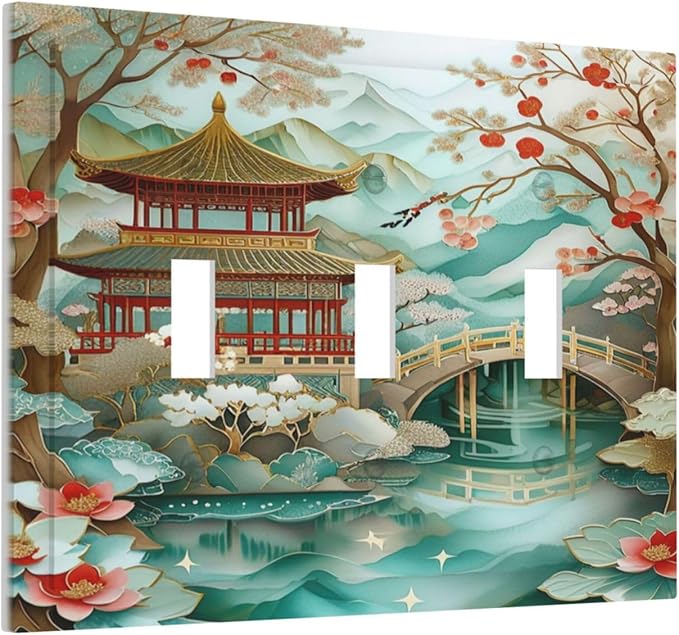 Asian Palace Traditional Bridge Cherry Blossoms Light Switch Covers 3 Gang Triple Toggle Wall Plate Decorative Switchplate Electrical Faceplate for Farmhouse Living Decor