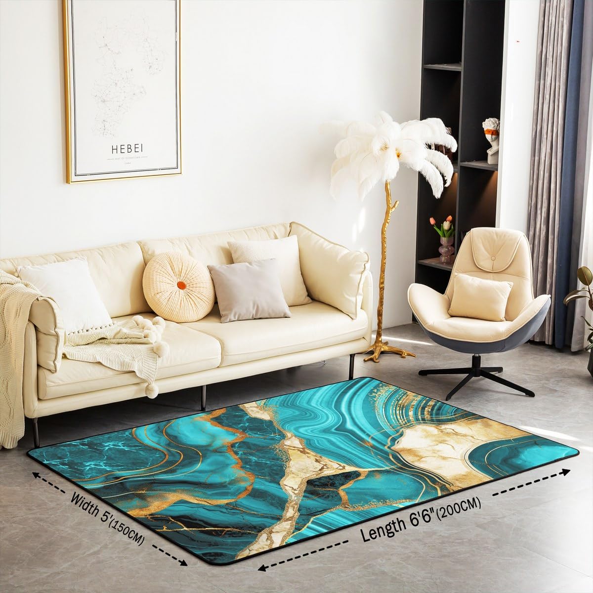 Teal Marble Area Rug 5x7, Gold Crack Rug, Abstract Metallic Texture Non Slip Carpet for Bedside, Luxury Shinny Boho Hippie Fluid Washable Decorative Rug for Living Room