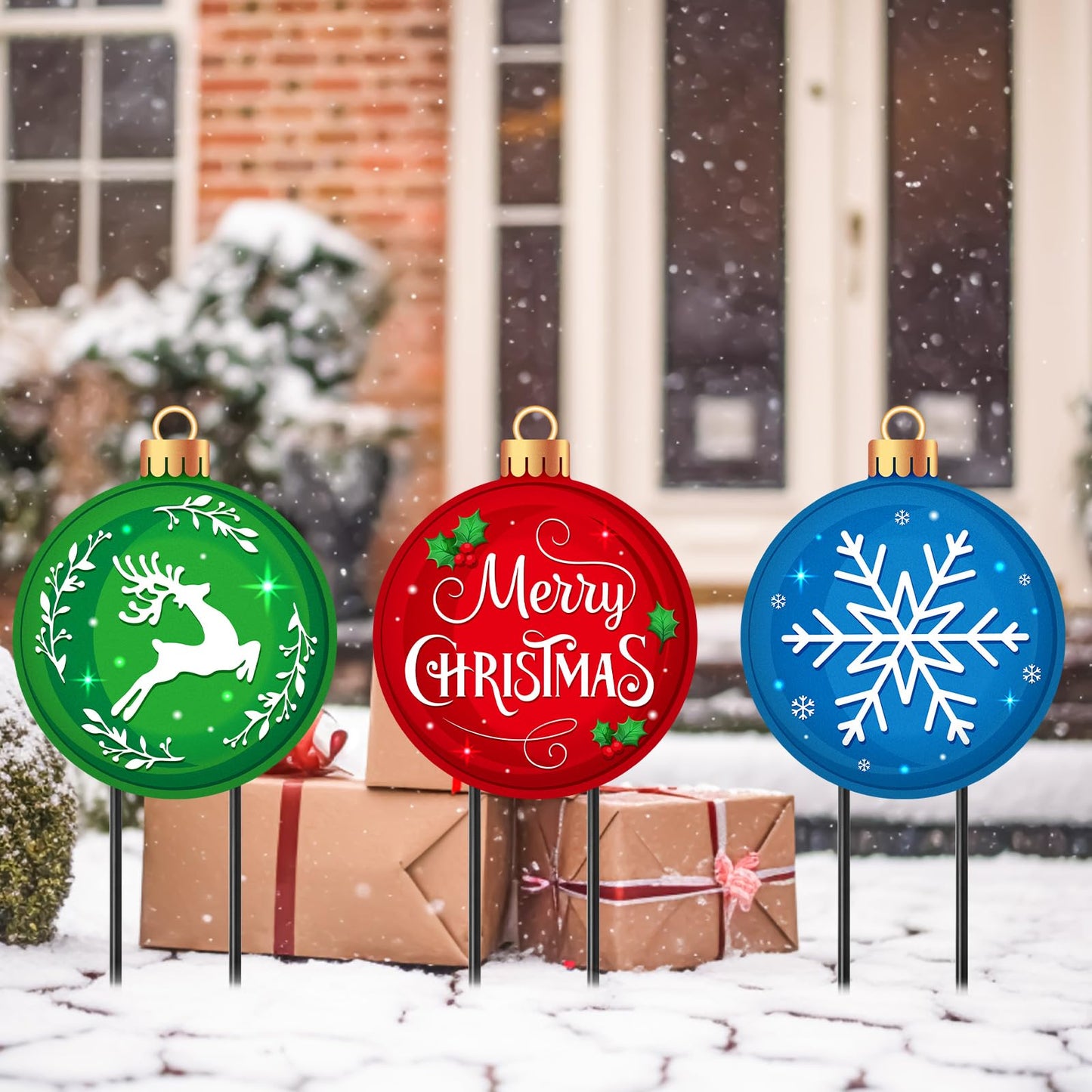 Drydiet 3 Pack Metal Christmas Yard Signs Decor Xmas Yard Stakes Outdoor with Stakes for Holiday Outdoor Garden Lawn Pathway Decoration(Christmas Balls)