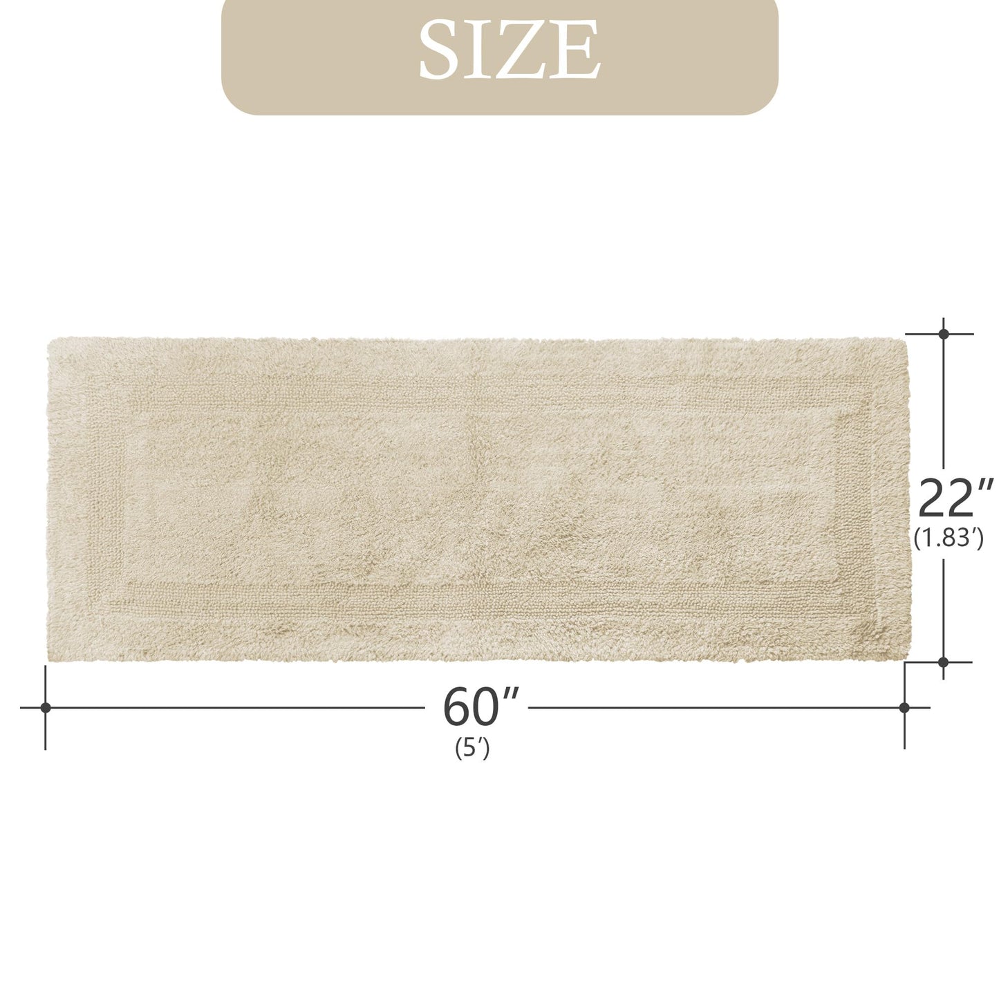 Barossa Design Reversible Cotton Bathroom Runner Rug - 22 x 60 Inch Long Bath Mat Washable & Soft Absorbent, Large Bath Rug for Bathroom Floor, Double Sink Vanity - Beige, 22x60 XL