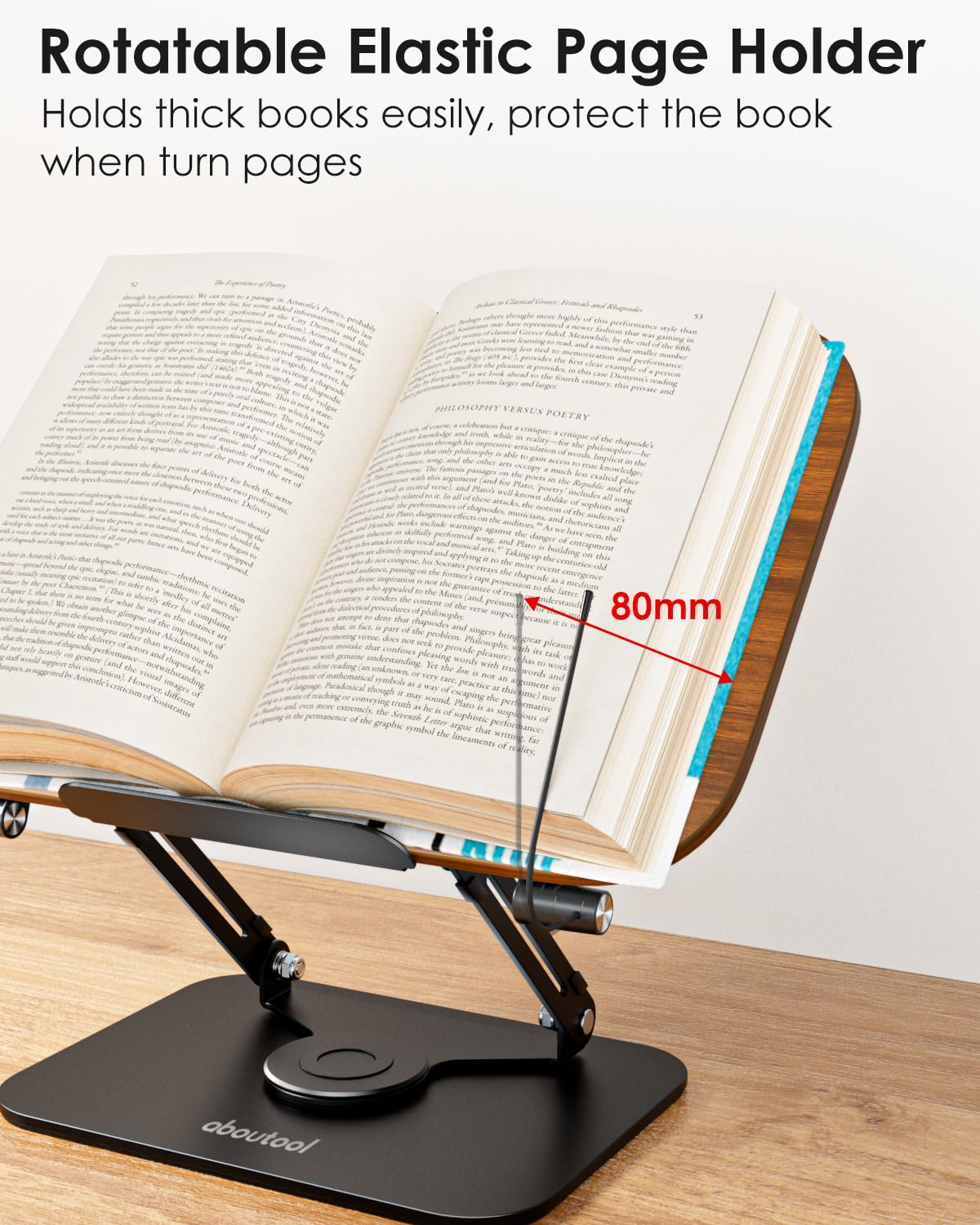 Book Stand for Reading, Aboutool Adjustable Book Holder with 360° Swivel Base & Page Clips, Foldable Cookbook Stand Textbook Stand for Music Scores, Recipe, Tablet, Laptop, Textbook