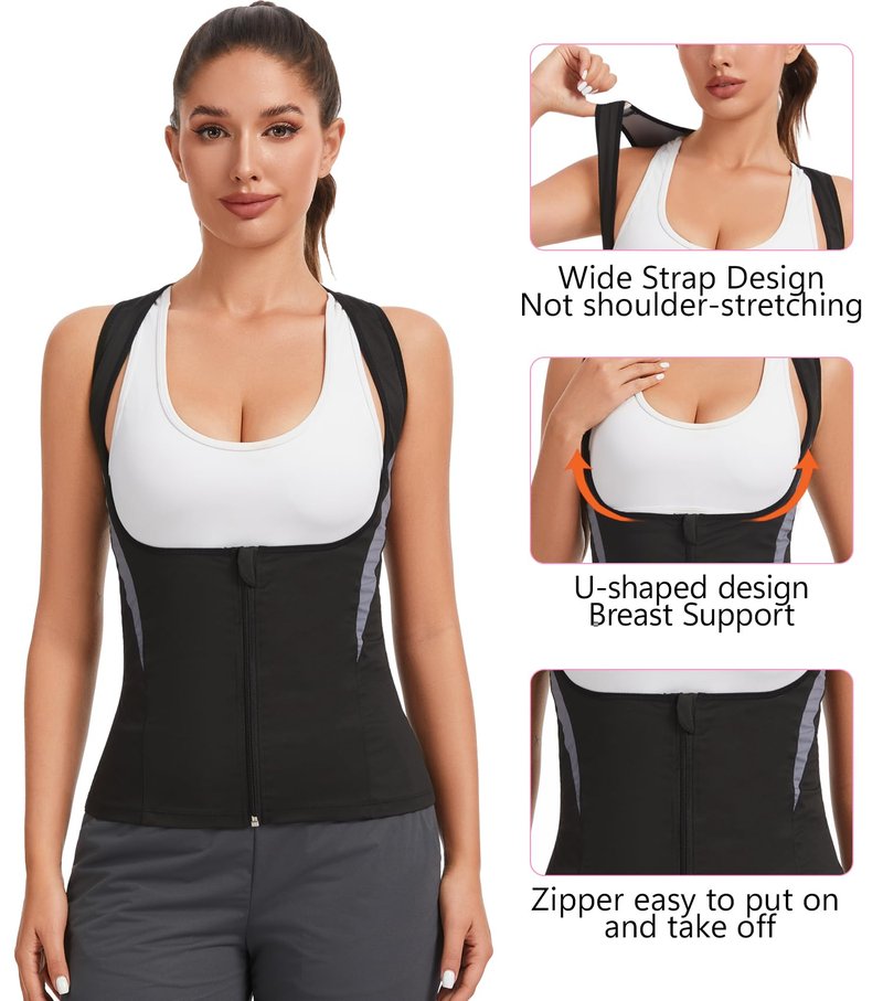 NINGMI Women Sauna Vest Sweat Tank Top Zipper T Shirt Sauna Suit Waist Trainer Body Shaper Workout Exercise Fitness Gym