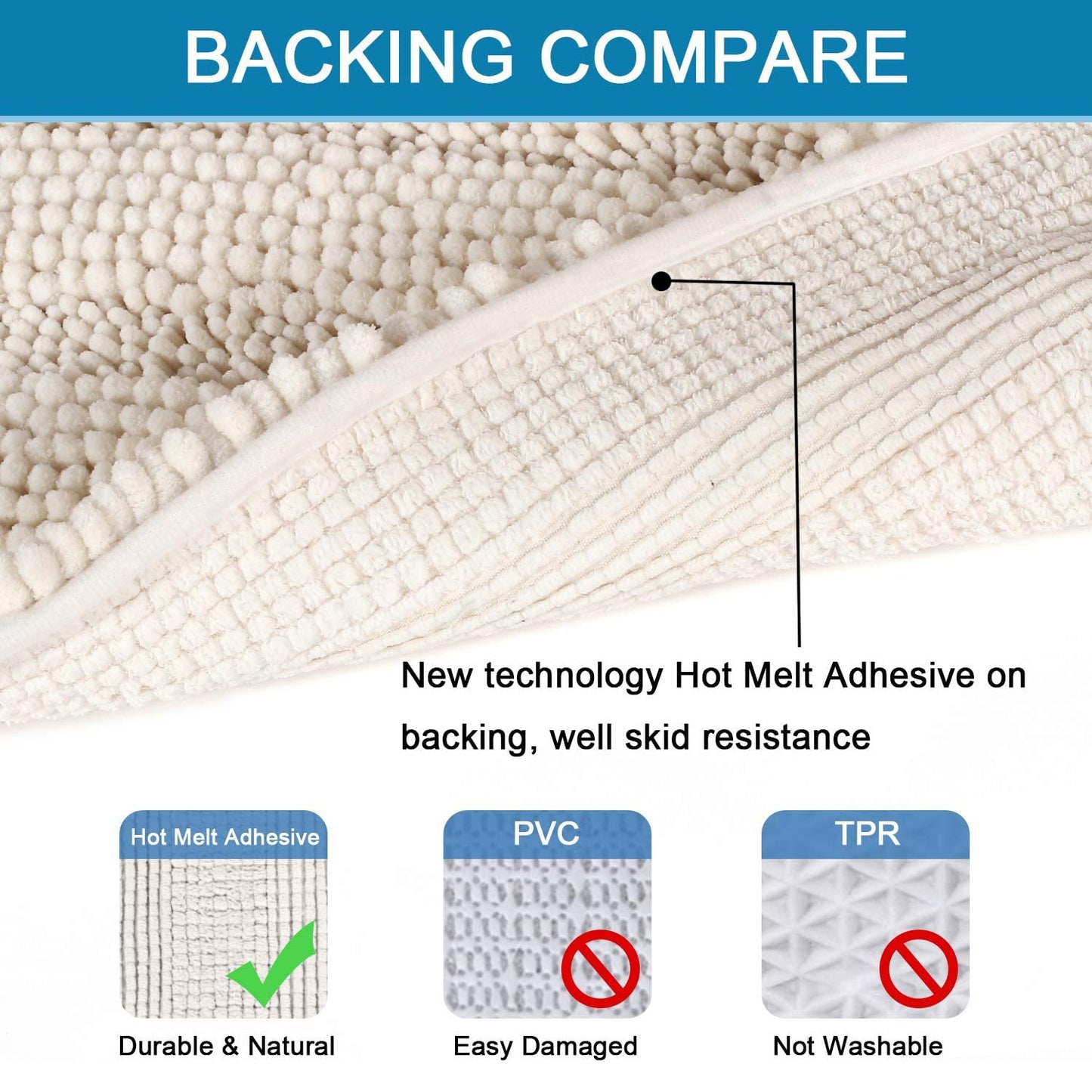 H.VERSAILTEX 3 Piece Thick Striped Bath Rugs Set for Bathroom Non Slip Soft Absorbent Bath Mat for Tub, Shower and Toilet(17''x24''+20''x32''+20''x24'' U-Shaped, Ivory)
