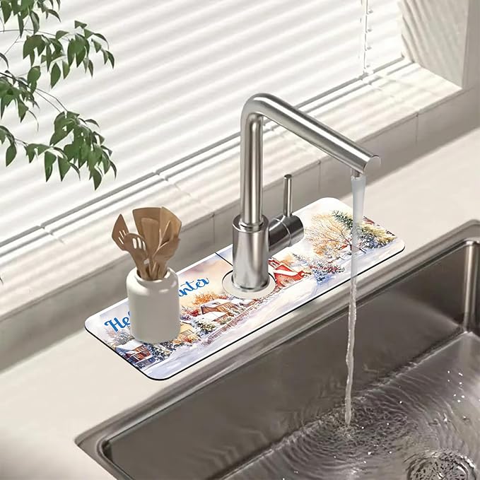 Chrismas Sink Faucet Absorbing Mat Hello Winter Sink Splash Guard Drying Mat