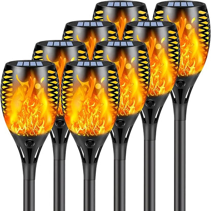 Upgraded 8 Pack Super Larger Size Solar Torch Lights with Flickering Flame, Extra Bright Solar Lights Halloween Decorations, Halloween Tiki Light Outdoor Waterproof for Garden Pathway Auto On and Off