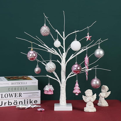 124Ct Pink White and Silver Christmas Ornaments Set,Shatterproof Assorted Christmas Decorations for Xmas Tree Snowflake Icicle House Ball Ornaments Baubles for Holiday Party(Pink White Silver)