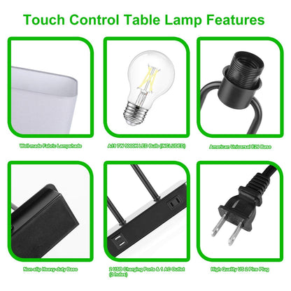 Lakumu Bedside Touch Control Table Lamps with Dual USB Charging Ports 1 AC Outlet, 3 Way Dimmable Modern Nightstand Lamp with Grey Fabric Shade, Desk Lamp for Bedroom Living Room with 5000K LED Bulb