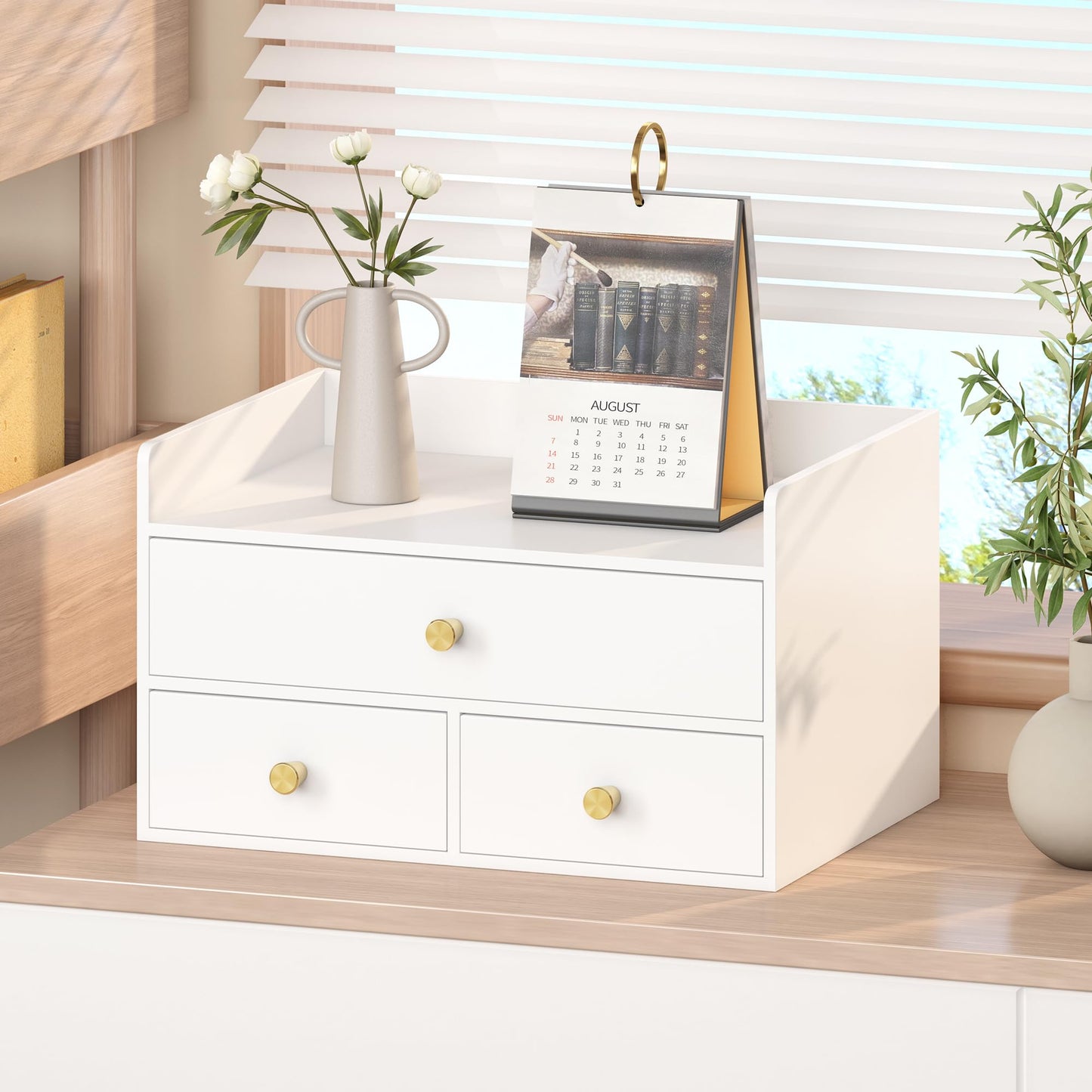 Bamboo Desk Organizer with Drawers Wooden Desktop Storage Drawers for Bills Office Supplies Kitchen Utensils Organizing Tool for Home Classroom Organization No Assembly (White, 3 Drawers)