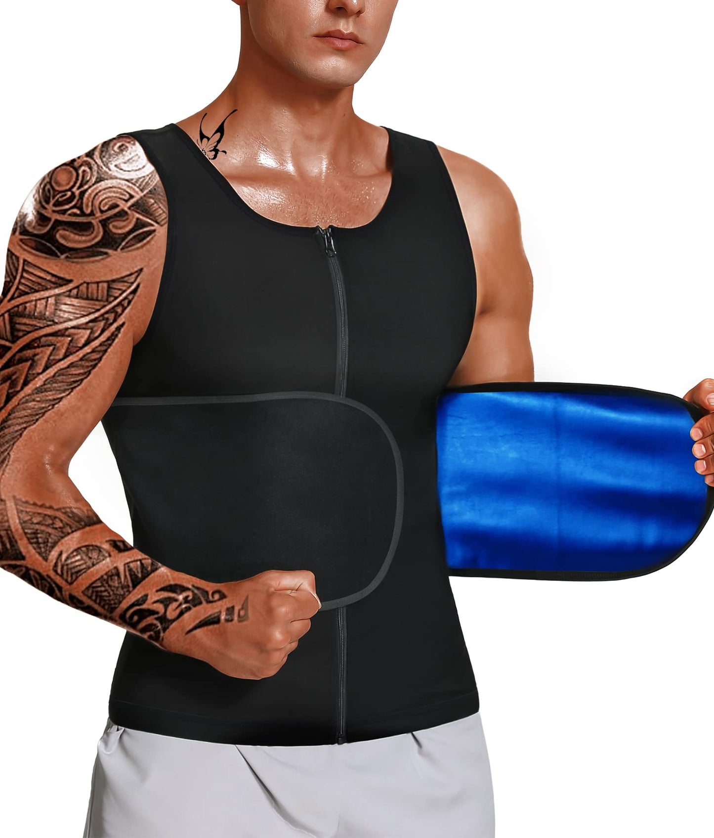 LMCOB Sauna Vest for Men Waist Trainer Vest with Zipper Workout Sauna Suit with Adjustable Waist Trimmer Belt(LYBH10072-01-L)