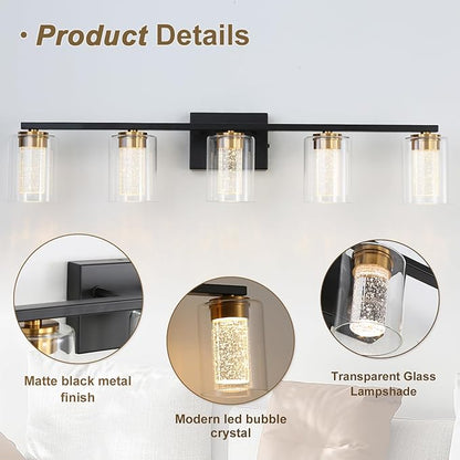 5-Light Black Bathroom Light Fixture, Dimmable 5CCT Black and Gold Bathroom Vanity Lights, 2700K-6500K Modern Crystal Bubble LED Wall Sconce Over Mirror with Clear Glass