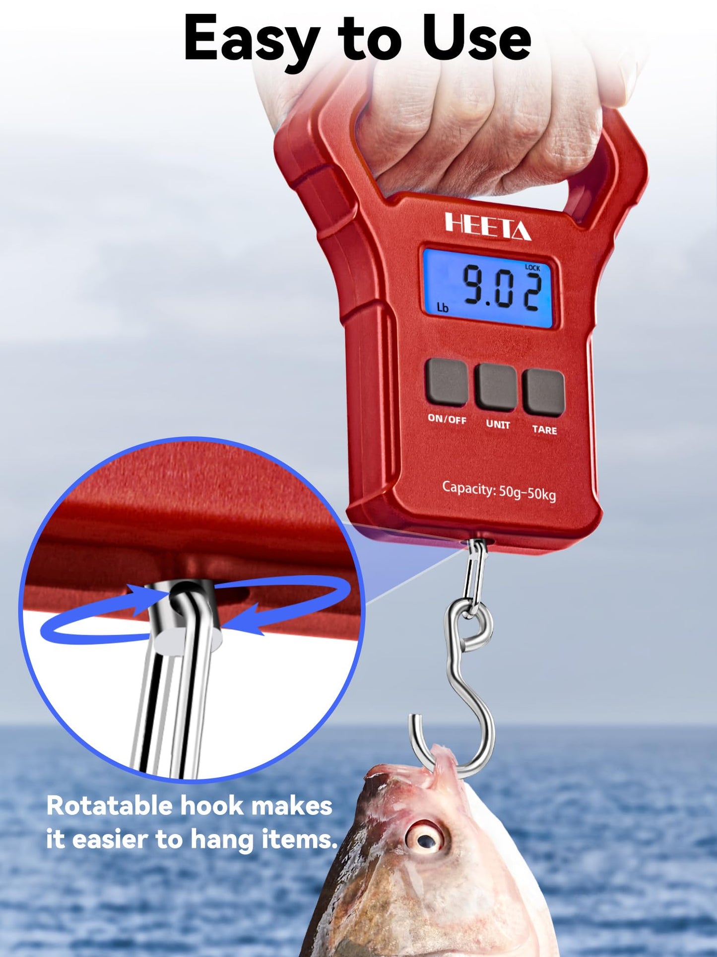 HEETA Fish Scale, 110lb/50kg Digital Portable Hanging Fishing Weight Scale with Backlit LCD Display, Luggage Scale with Non-Slip Large ABS Handle & 2 AAA Batteries, Fishing Gifts Gear for Men, Red