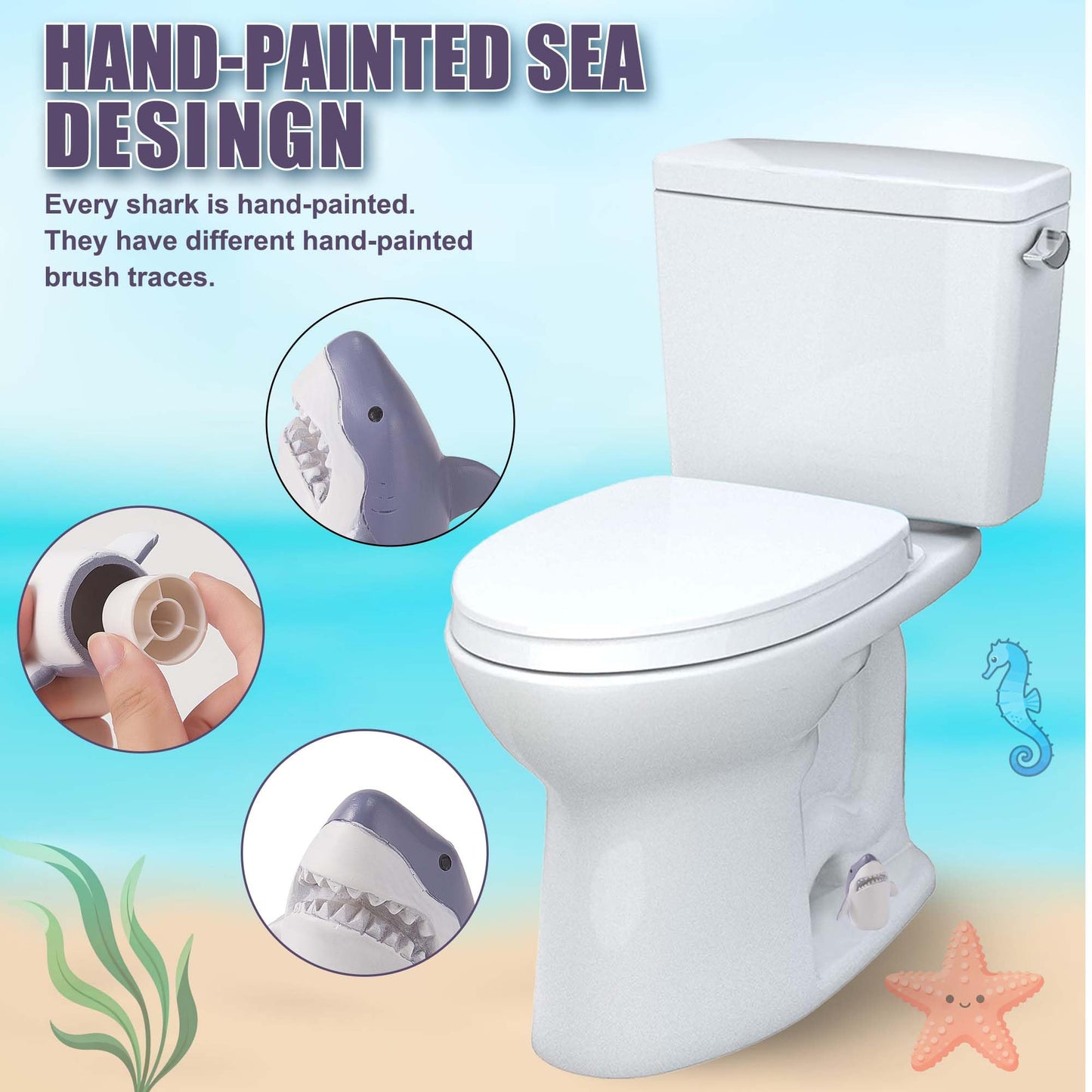 SRCVYLT 4 Pcs Toilet Bolt Covers Decorative, 2 Shark Toilet Bolt Caps with 2 Plastic Caps for Bottom, Cute Toilet Bolt Covers Set for Coastal Home Beach House, Easy to Install