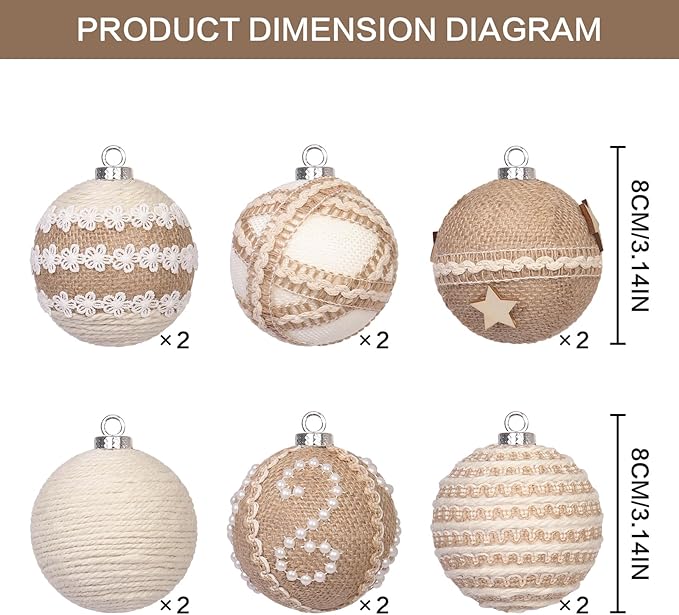12PCS Christmas Ball Ornaments, 3.14"/80MM Boho Shatterproof Christmas Tree Hanging Ball Decorations, for Home Indoor Farmhouse Xmas Vase Bowls Filler Centerpiece Rustic Decor