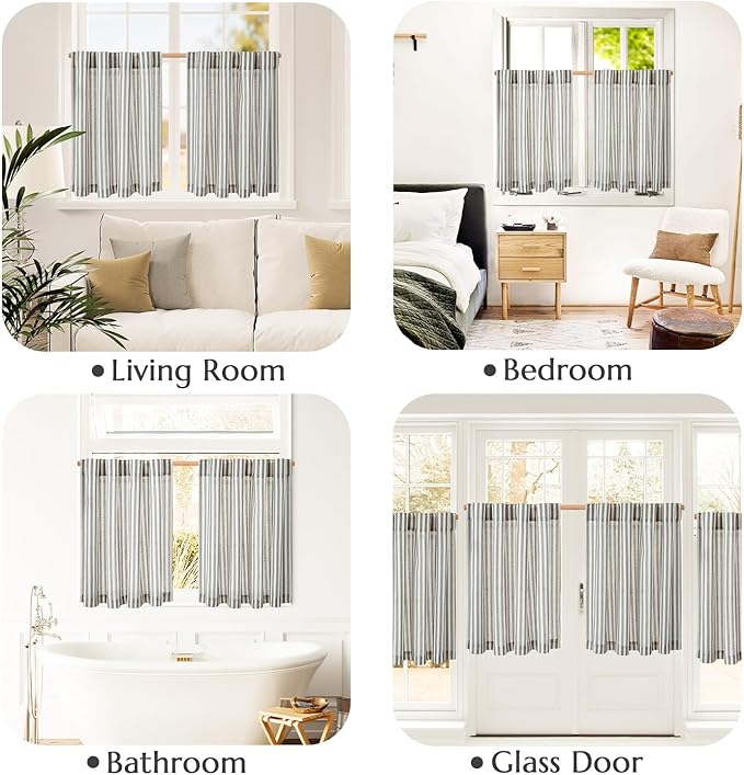 jinchan Striped Linen Kitchen Curtains 24 Inches Tier Curtains Farmhouse Modern Cafe Style Small Window Treatments Airy Light Filtering Rod Pocket for Living Room Bathroom 2 Panels Charcoal Grey