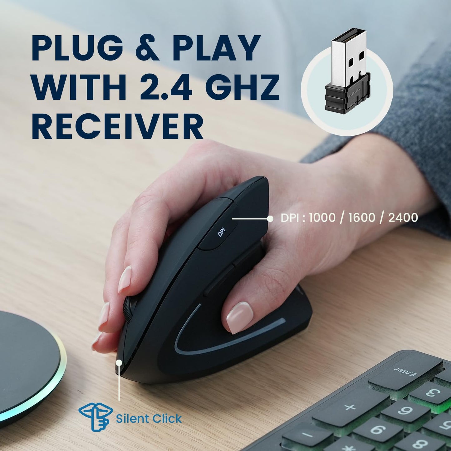 Perixx PERIMICE-713 Wireless Ergonomic Vertical Mouse - 800/1200/1600 DPI - Right Handed - Recommended with RSI User