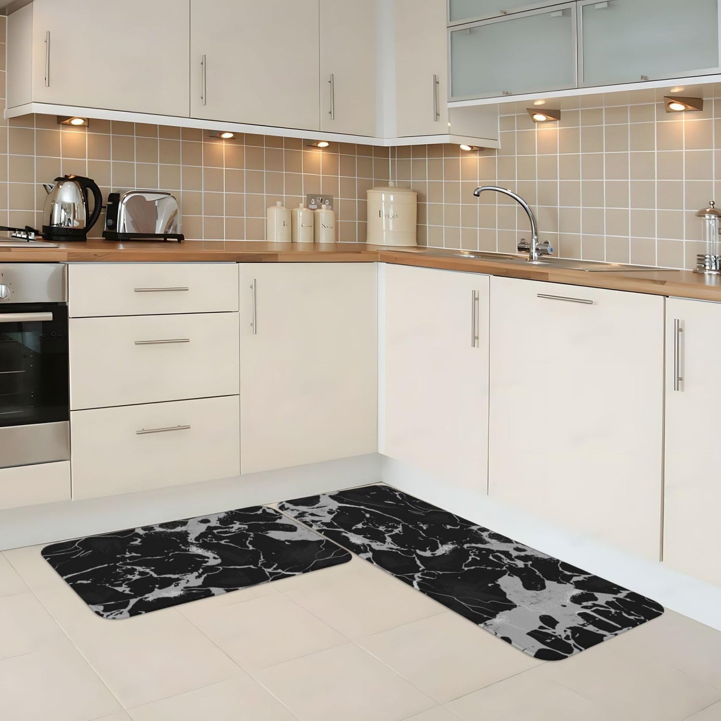 Scczsin Black Gray Marble Kitchen Rugs Microfiber Floor Mats Cushioned Carpet Runner Rug for Laundry Bathroom Living Room, 2 Piece Set 17"X 47" + 17"X 30"