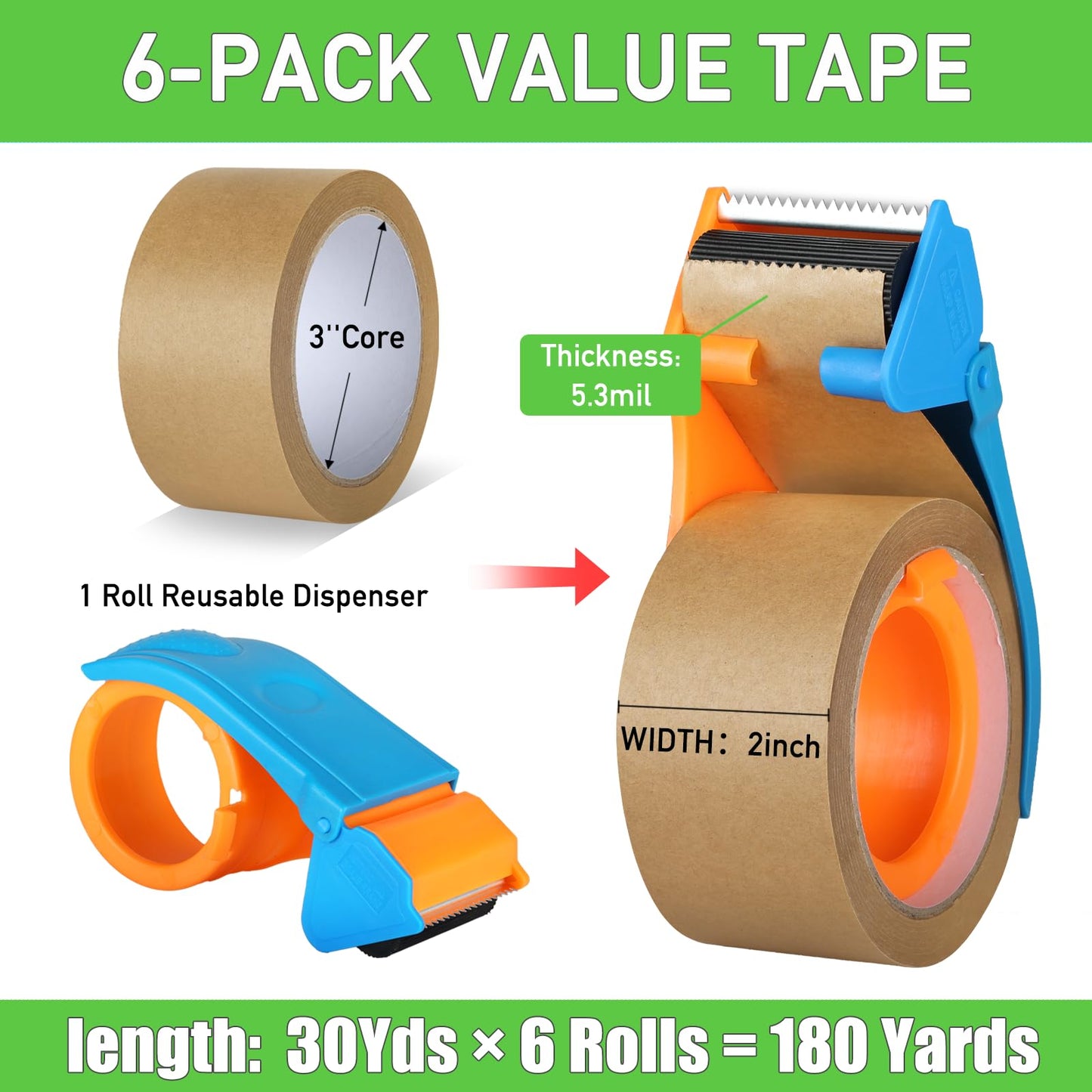 GEYYANG Kraft Paper Packing Tape, High Strength Brown Packing Tape for Packing, Shipping, Moving, Sealing and Marking, 6 Rolls Kraft Tape with Dispenser, 2in x 30 yd Total 180 Yards