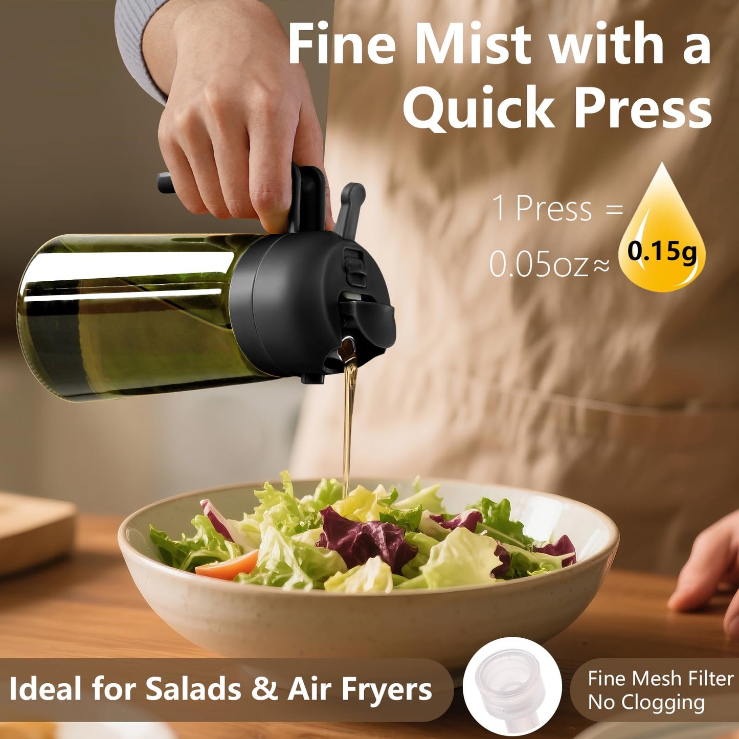 Olive Oil Dispenser and Oil Sprayer – 16oz/470ml Glass Light-Proof Oil Pourer for Kitchen, Air Fryer, Cooking, Salad, and BBQ