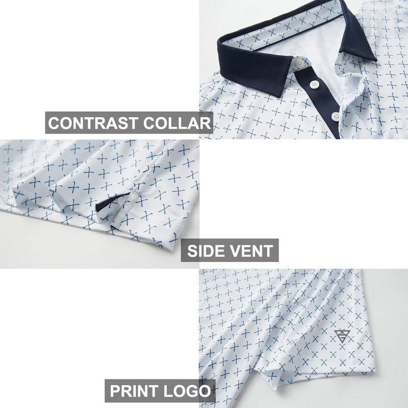 Golf Shirts for Men Dry Fit Short Sleeve Print Performance Moisture Wicking Polo Shirt White