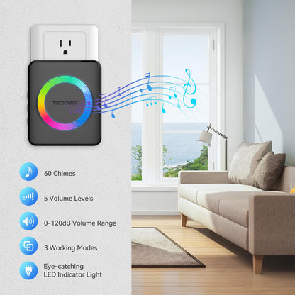 TECKNET Wireless Doorbell, Door Bell 0-120dB, 1300 ft Wireless Range, IP65 Waterproof Classroom Doorbells, 60 Chimes & 5 Volume Levels, RGB Light for Home Kid Room Office Hearing Impaired