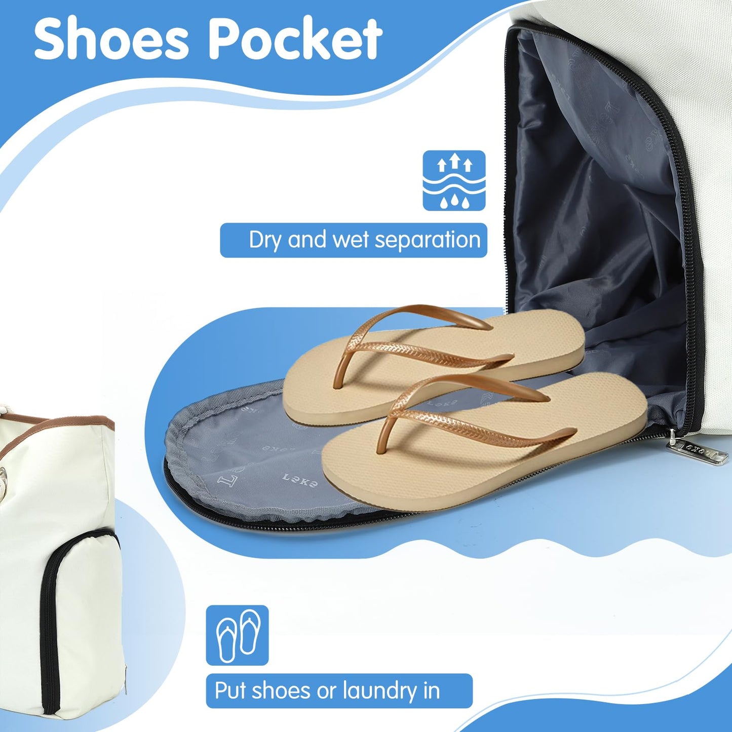 Lekesky Beach Bags for Women, Large Waterproof Beach Tote Bag with Zipper Beach Bags Waterproof Sandproof Swim Pool Bag Large Tote, Beige