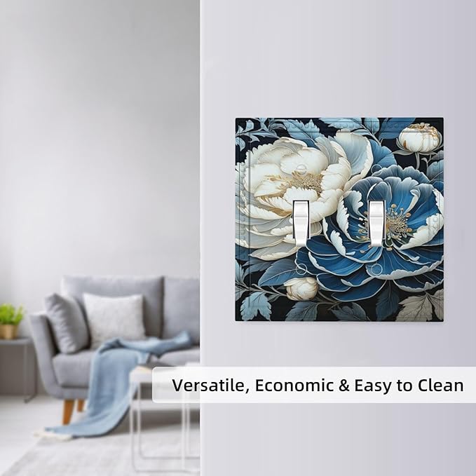White Blue Flower Peonies Light Switch Covers Double Toggle 2 Gang Wall Plate Dual Decorative Switchplate Electrical Faceplate for Farmhouse Living Room Decor