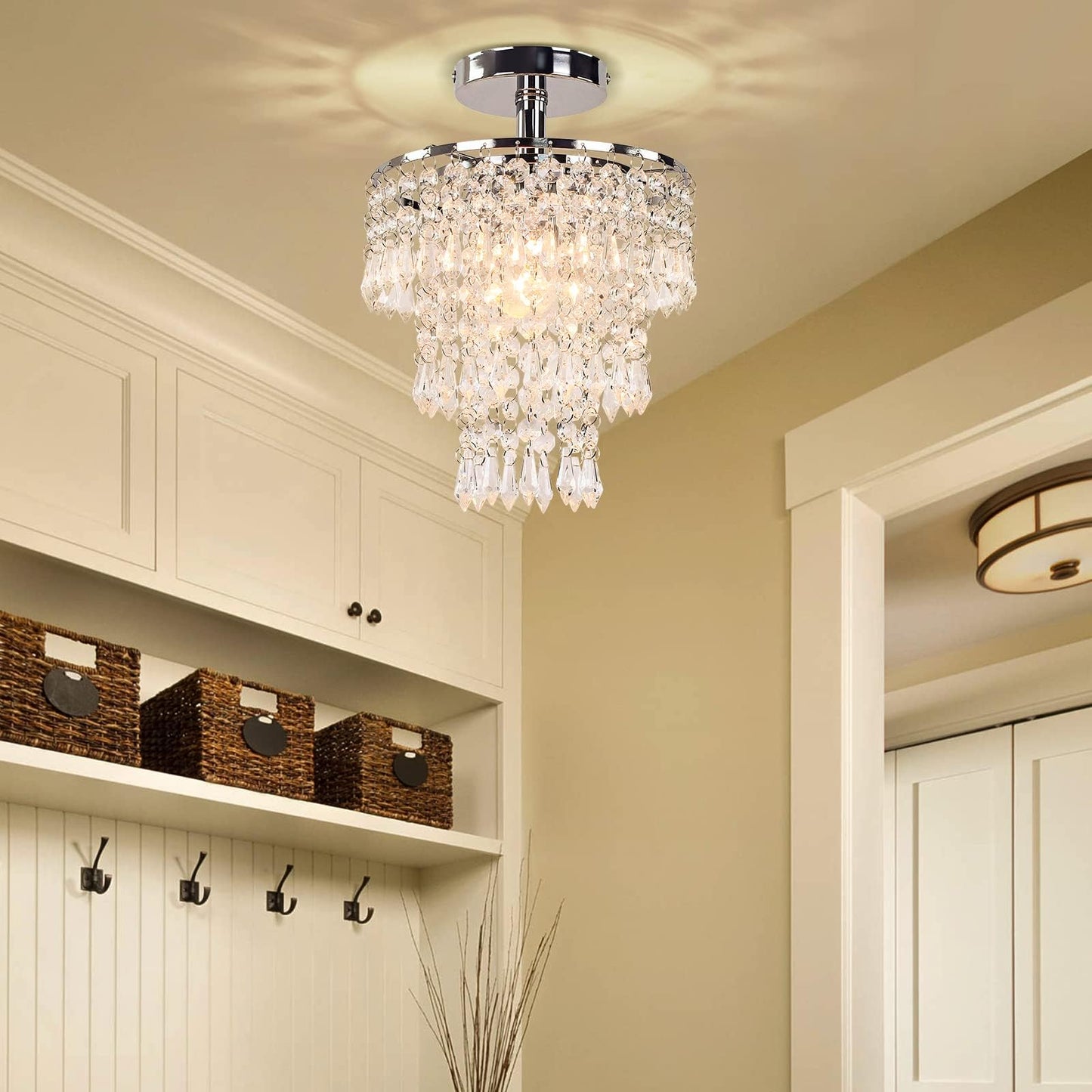 FRIXCHUR Small Crystal Chandelier Led Crystal Ceiling Lights 3 Tiers Crystal Raindrops Chandelier Pendant Lighting Fixture Decoration for Bedroom Hallway Living Room,Chrome, E26