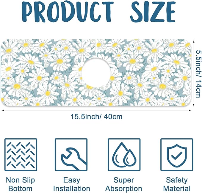 White Flower Sink Splash Guard Cute Chamomile Faucet Absorbing Mat Fast Drying