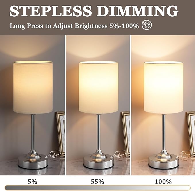 Touch Control Cordlss Table Lamp, USB-C Rechargeable Lamp with Stepless Dimming, 4000mAh Battery Operated Bedside Lamp for Bedroom, Living Room, Night Light & Emergency Lighting, Silver, 1 Pack
