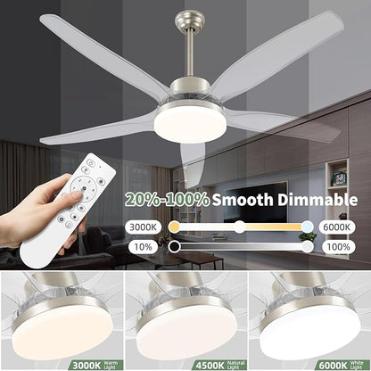 OKELI 58" Smart Ceiling Fan with Light, WiFi Enabled for Alexa & App Control, Reversible Brushed Nickel Modern Ceiling Fan with Dimmable LED Light and Remote, Clear Blades for Living Room Bedroom