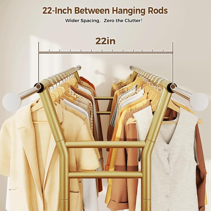 HYSEYY Heavy Duty Clothes Rack, Rolling Clothing Rack for Hanging Clothes with Shelves Load 700LBS,Portable Garment Wardrobe Closet Rack with Wheels for Bedroom,Laundry Room,Retail Store(Gold)