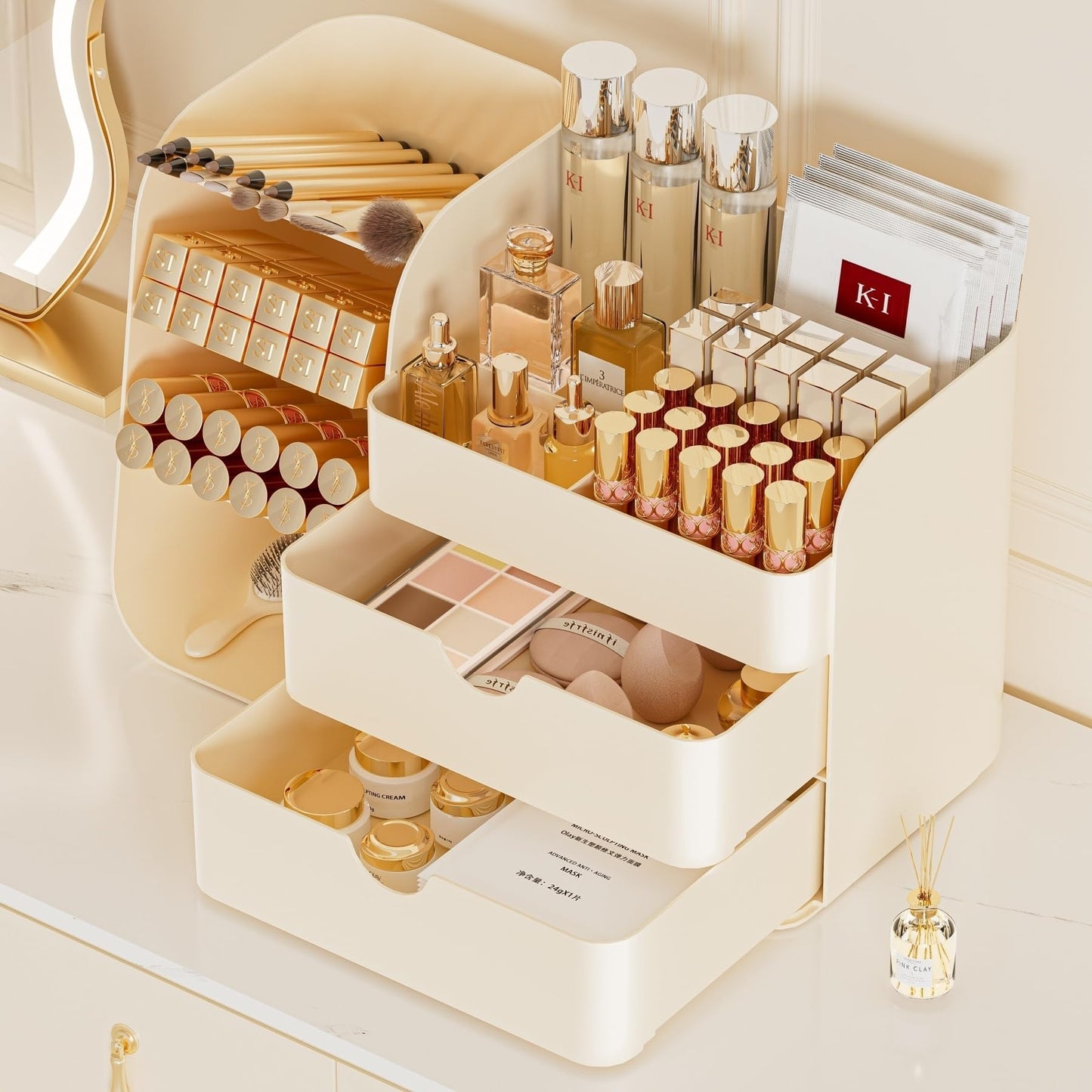 KQJS Makeup Organizer with Drawers, Large Capacity Countertop Organizer for Vanity, Bathroom and Bedroom Desk Cosmetics Organizer, Easy To Storage Skincare,Brushes, Eyeshadow,Lipstick (Cream)